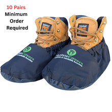 Load image into Gallery viewer, boot covers with green custom logo and text, placed over Black and brown work boots on a white background.